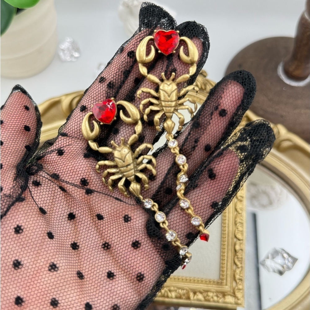 Gothic Scorpion Drop Earrings | Red Crystal Heart & Rhinestone Tail - Picture 10 of 12